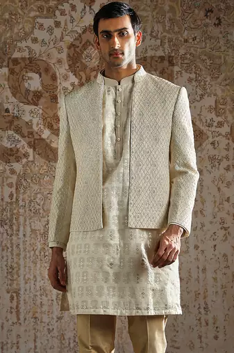 white embroidered silk bandhgala set for men