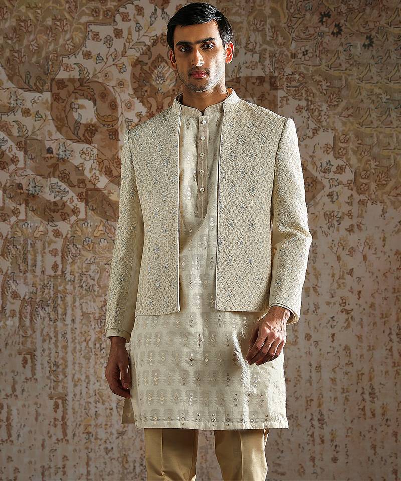 Ivory embroidered silk bandhgala set