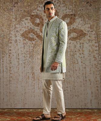 green embroidered raw silk bandhgala set for men 2