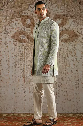 green embroidered raw silk bandhgala set for men