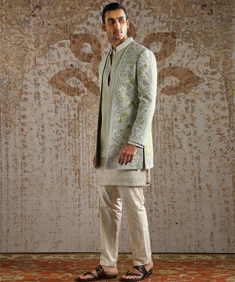 Green embroidered raw silk bandhgala set