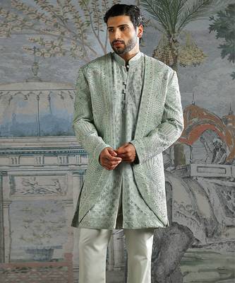 green embroidered raw silk jodhpuri suit for men 3