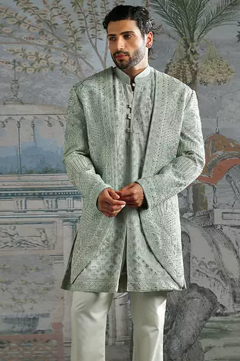 green embroidered raw silk jodhpuri suit for men