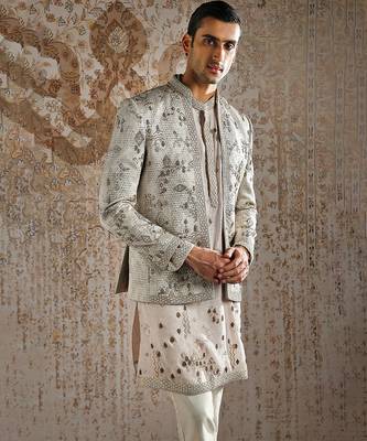 beige embroidered jacquard bandhgala set men 5