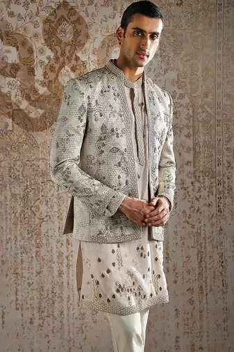 beige embroidered jacquard bandhgala set men