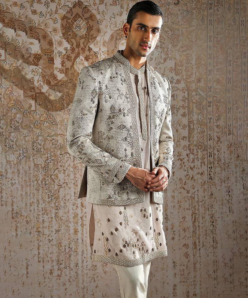 Beige embroidered jacquard bandhgala set