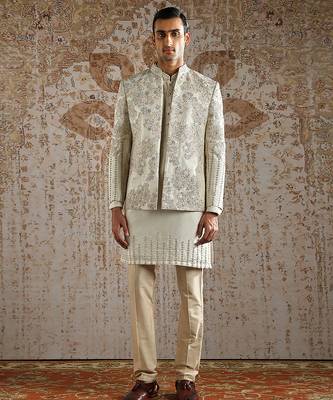 white embroidered raw silk bandhgala set for men 1