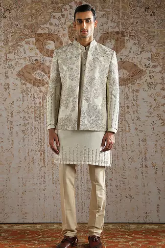 White embroidered raw silk bandhgala set