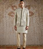 White embroidered raw silk bandhgala set