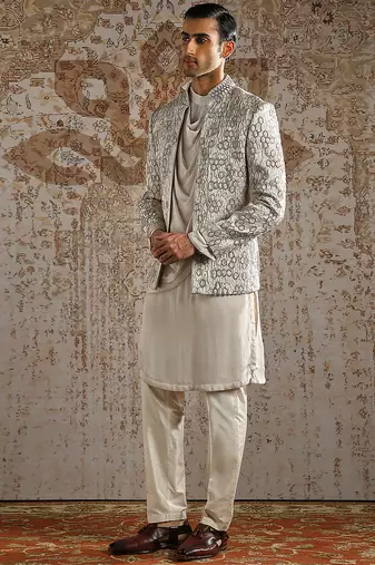 beige embroidered jacquard bandhgala set for men