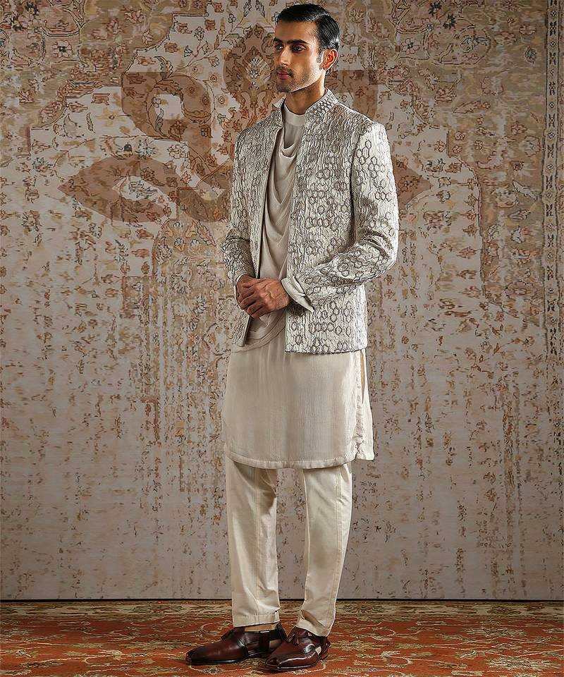 Ivory embroidered jacquard bandhgala set