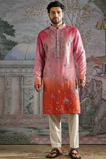Multicolor embroidered raw silk kurta set