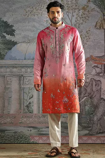 Multicolor embroidered raw silk kurta set