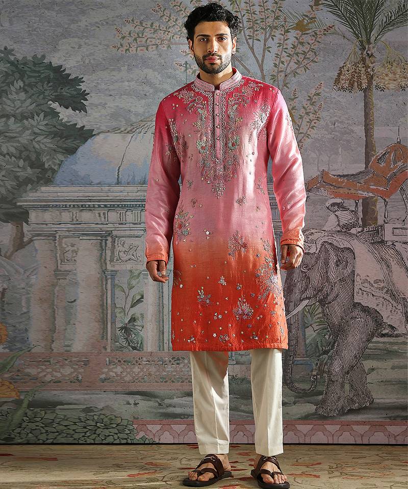Multicolor embroidered raw silk kurta set