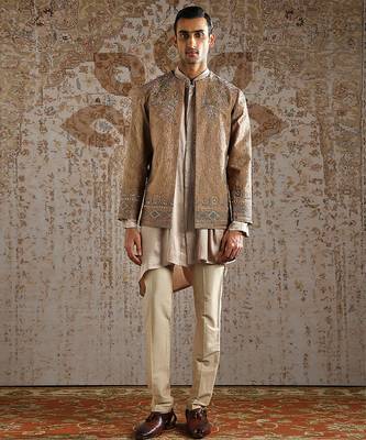 beige embroidered raw silk bandhgala set for men 1