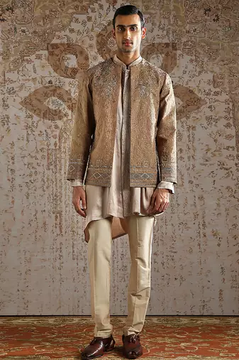 Beige embroidered raw silk bandhgala set