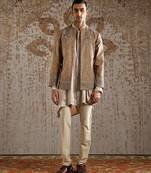 Beige embroidered raw silk bandhgala set