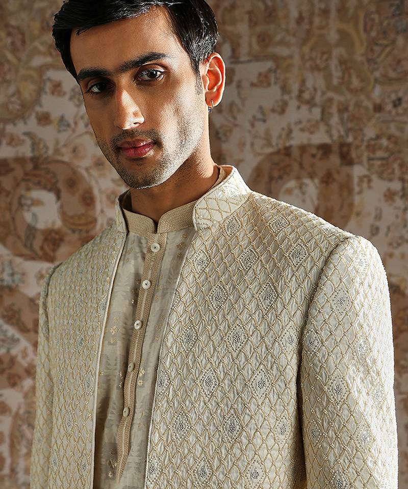 Ivory embroidered silk bandhgala set