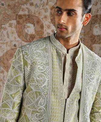 green embroidered raw silk bandhgala set for men 3