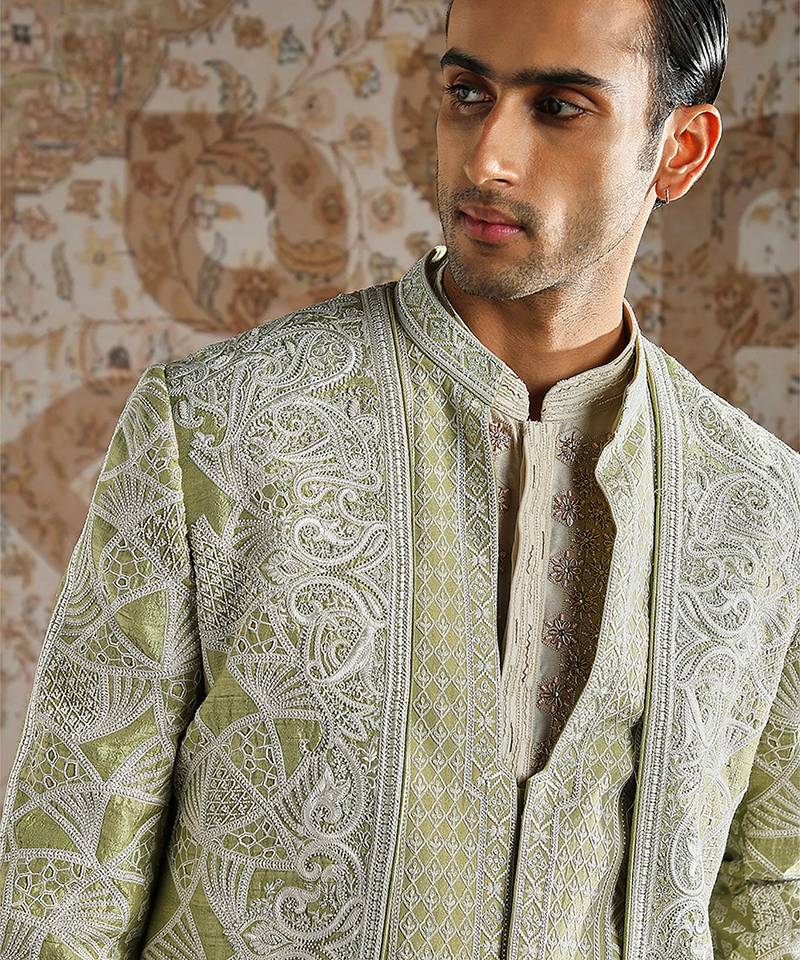 Green embroidered raw silk bandhgala set