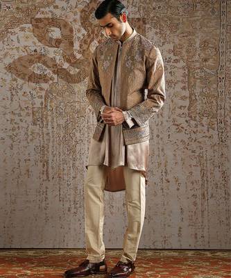 beige embroidered raw silk bandhgala set for men 2