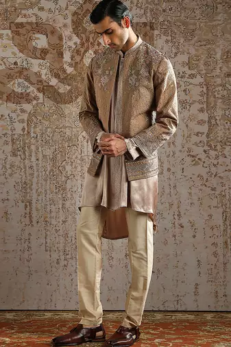 beige embroidered raw silk bandhgala set for men