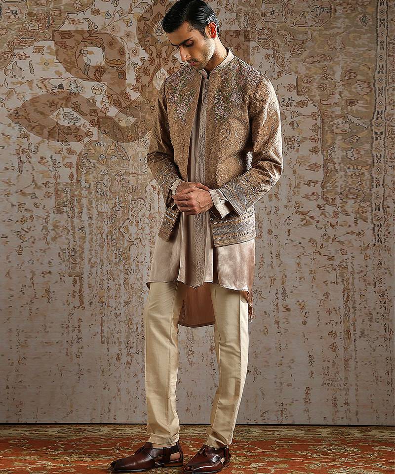 Beige embroidered raw silk bandhgala set