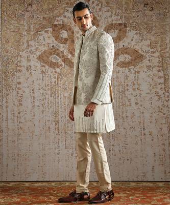 white embroidered raw silk bandhgala set for men 2