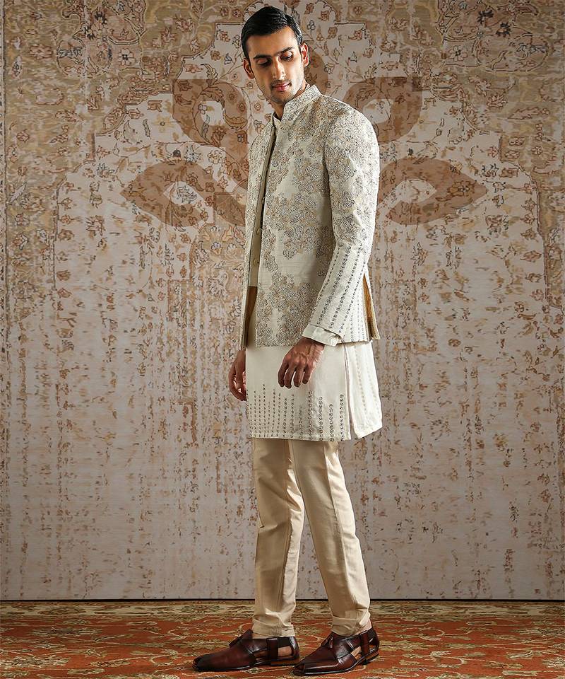 White embroidered raw silk bandhgala set