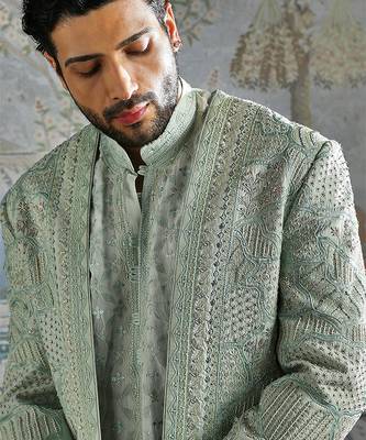 green embroidered raw silk jodhpuri suit for men 4