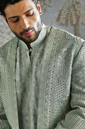 green embroidered raw silk jodhpuri suit for men