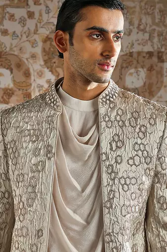 beige embroidered jacquard bandhgala set for men