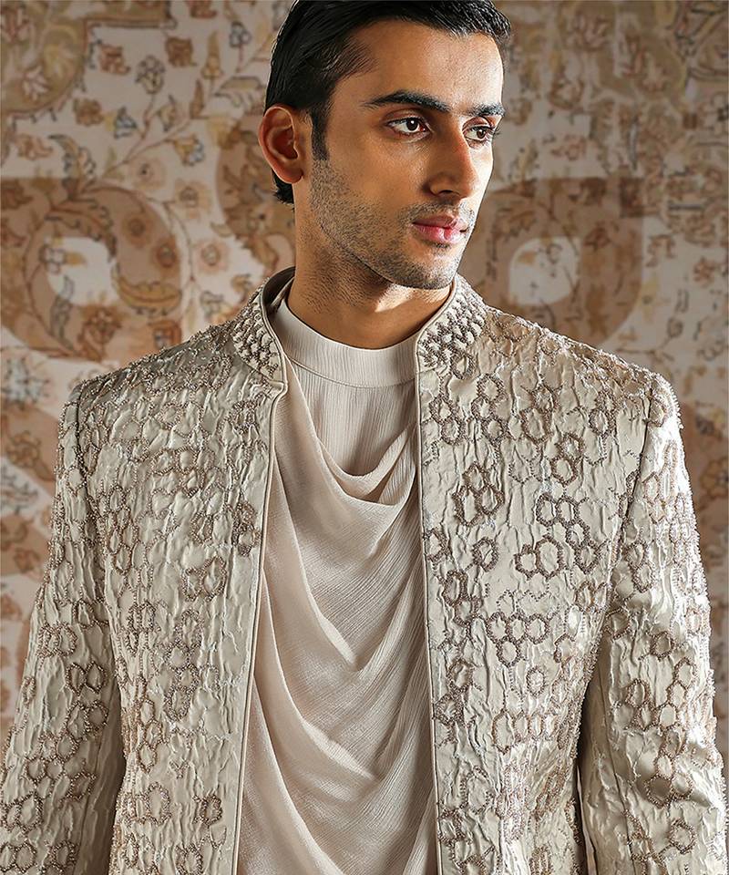 Ivory embroidered jacquard bandhgala set