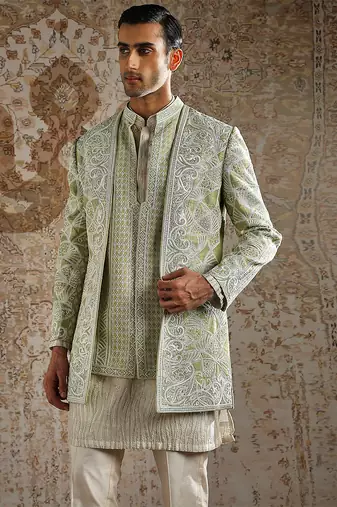 green embroidered raw silk bandhgala set for men