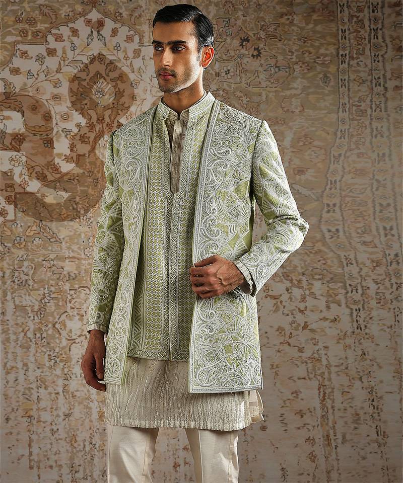 Green embroidered raw silk bandhgala set