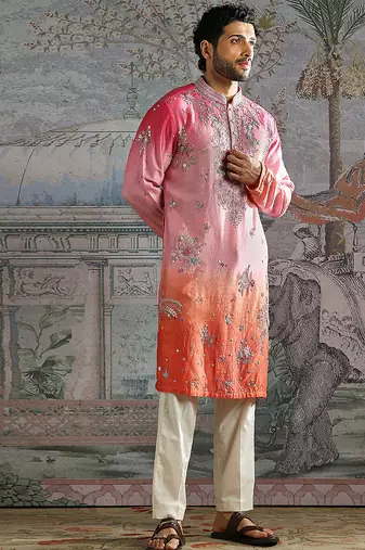 Multicolor embroidered raw silk kurta set