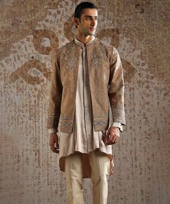 beige embroidered raw silk bandhgala set for men 3