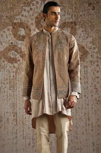 beige embroidered raw silk bandhgala set for men