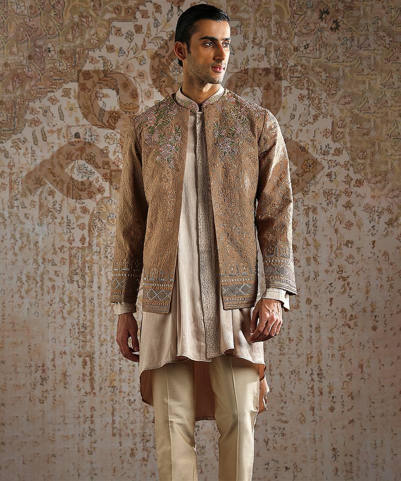 Beige embroidered raw silk bandhgala set