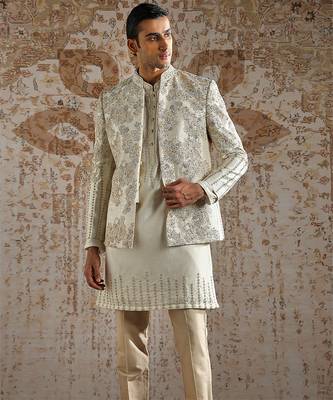 white embroidered raw silk bandhgala set for men 3