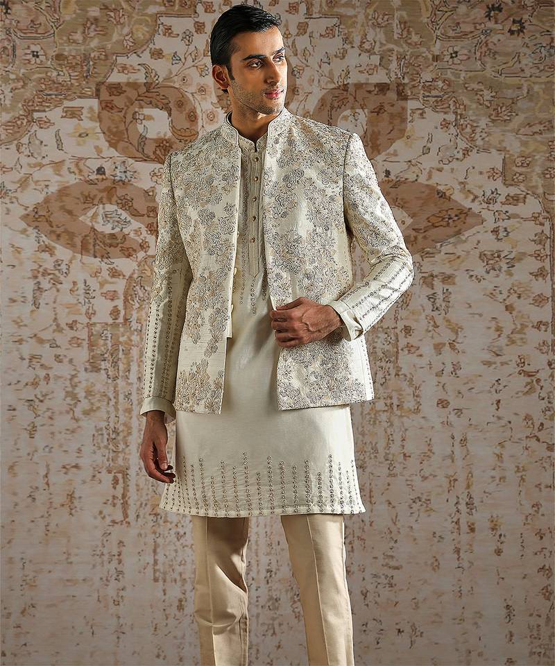 White embroidered raw silk bandhgala set