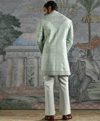 green embroidered raw silk jodhpuri suit for men 5