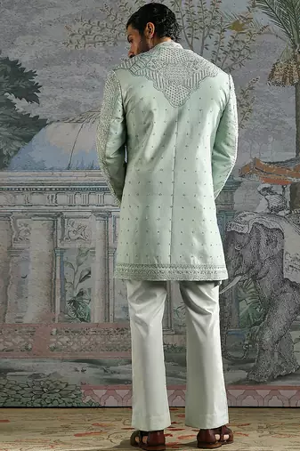 green embroidered raw silk jodhpuri suit for men