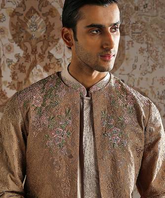 beige embroidered raw silk bandhgala set for men 4