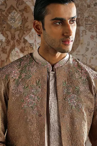 beige embroidered raw silk bandhgala set for men