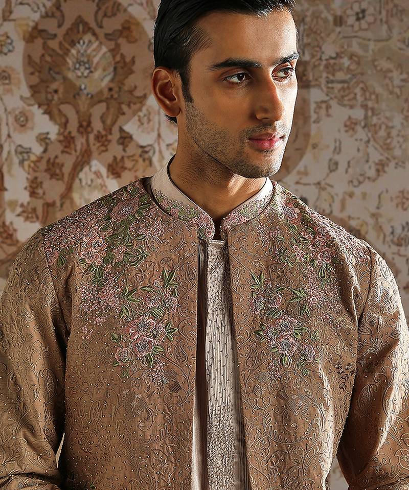 Beige embroidered raw silk bandhgala set
