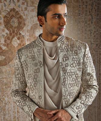 beige embroidered jacquard bandhgala set for men 4