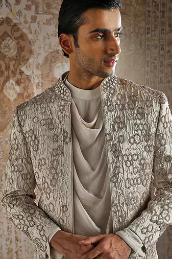 beige embroidered jacquard bandhgala set for men