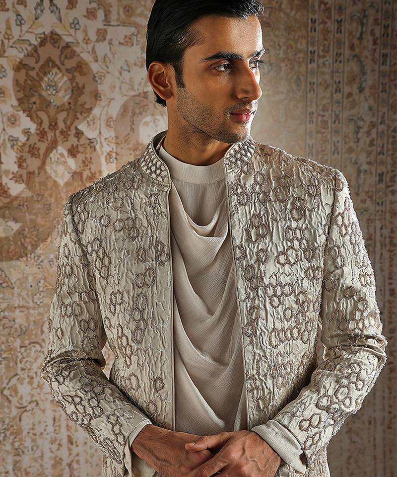 Ivory embroidered jacquard bandhgala set