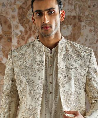 white embroidered raw silk bandhgala set for men 4